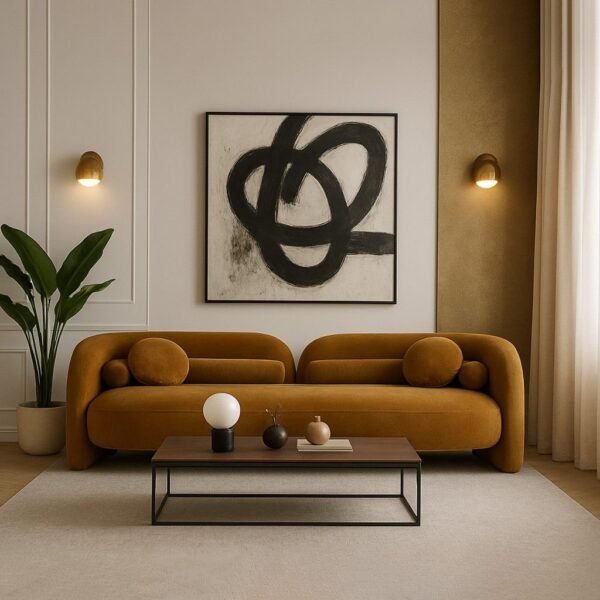 Plush handcrafted mango wood 3 seater sofa with modern segmented velvet design