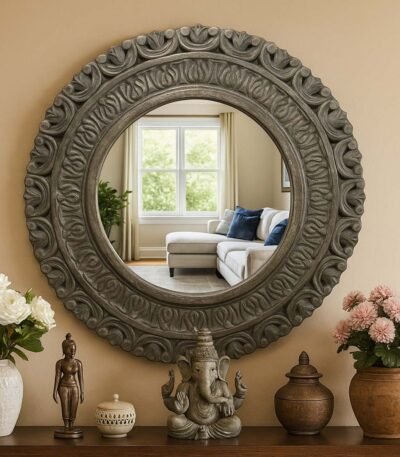 Mandala Gaze wooden round wall mirror with mandala carvings