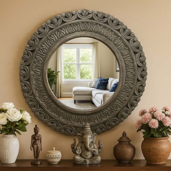 Mandala Gaze wooden round wall mirror with mandala carvings