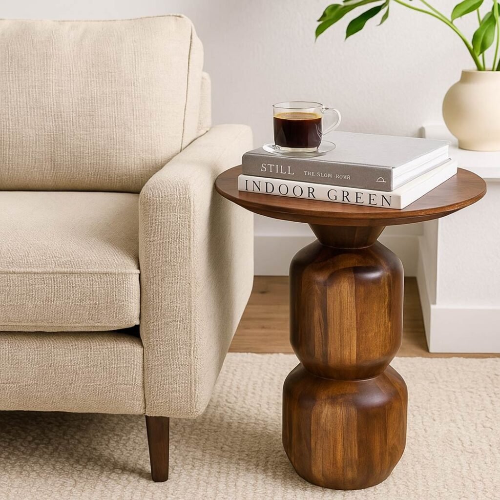 Sculpted wooden accent side table with smooth round top and stacked pedestal base in natural Sheesham wood finish.