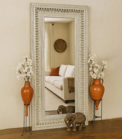 Serenova handcarved rectangle wall mirror in white Sheesham wood