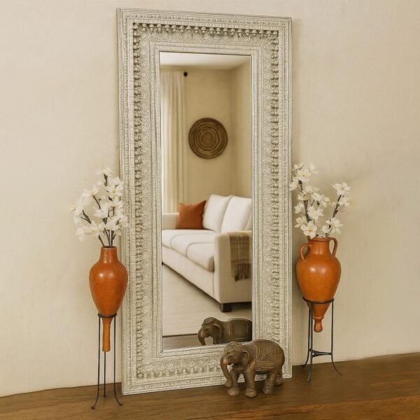 Serenova handcarved rectangle wall mirror in white Sheesham wood
