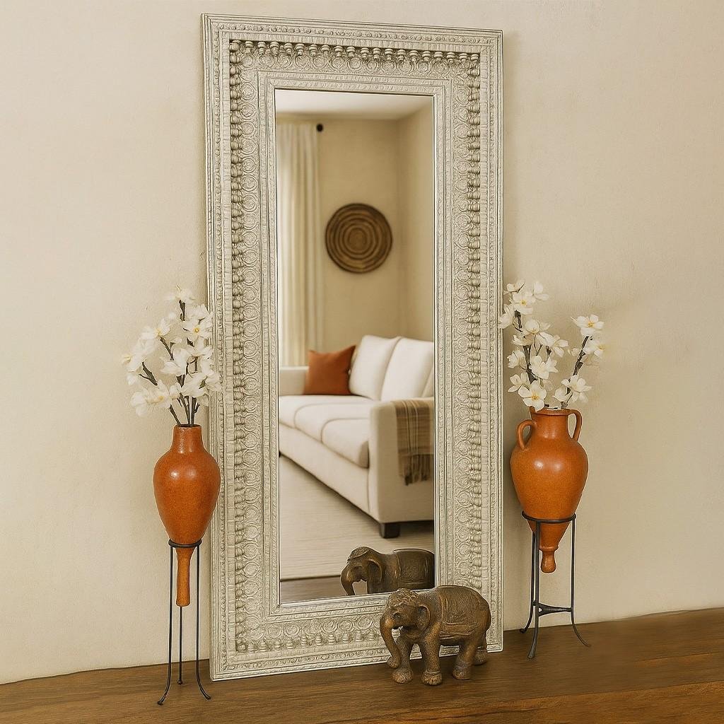 Serenova handcarved rectangle wall mirror in white Sheesham wood