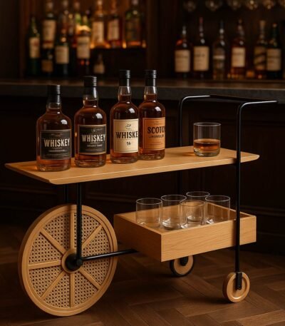 Solid wood bar trolley handcrafted from Sheesham wood with cane wheels and metal frame
