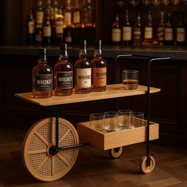 Solid wood bar trolley handcrafted from Sheesham wood with cane wheels and metal frame
