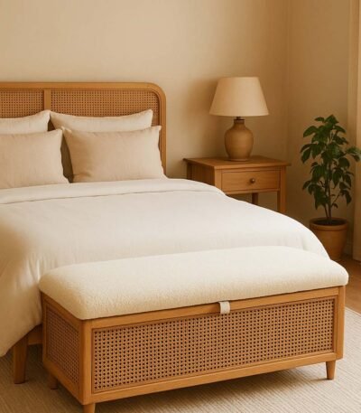 Canora rattan storage trunk with upholstered lid and natural cane panels