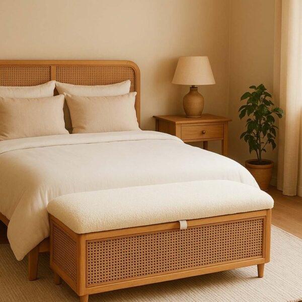 Canora rattan storage trunk with upholstered lid and natural cane panels