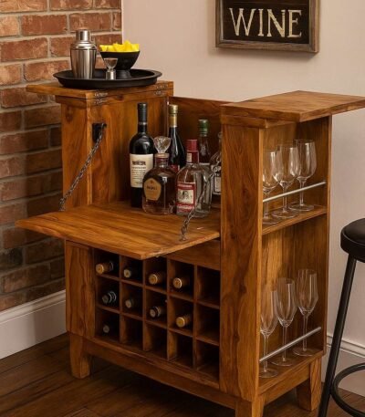 “Pourlin handcrafted Sheesham wooden bar cabinet with fold-down serving tray, wine storage rack, and glass holders in natural wood finish.”