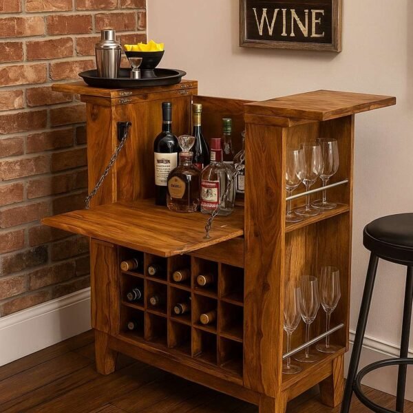 “Pourlin handcrafted Sheesham wooden bar cabinet with fold-down serving tray, wine storage rack, and glass holders in natural wood finish.”