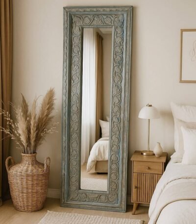 Handcrafted solid wood mirror with vintage blue distressed Sheesham frame