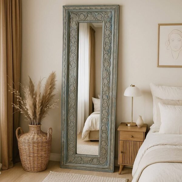 Handcrafted solid wood mirror with vintage blue distressed Sheesham frame