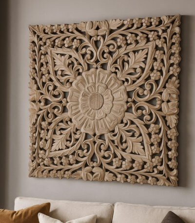 Taarini wooden wall art handcrafted from mango wood with floral carving