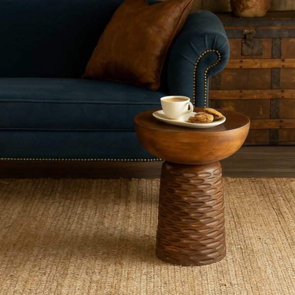 Gravilo Hand-Carved Mango Wood Pedestal Side Table| Rustic Accent End Table- Wooden Slice