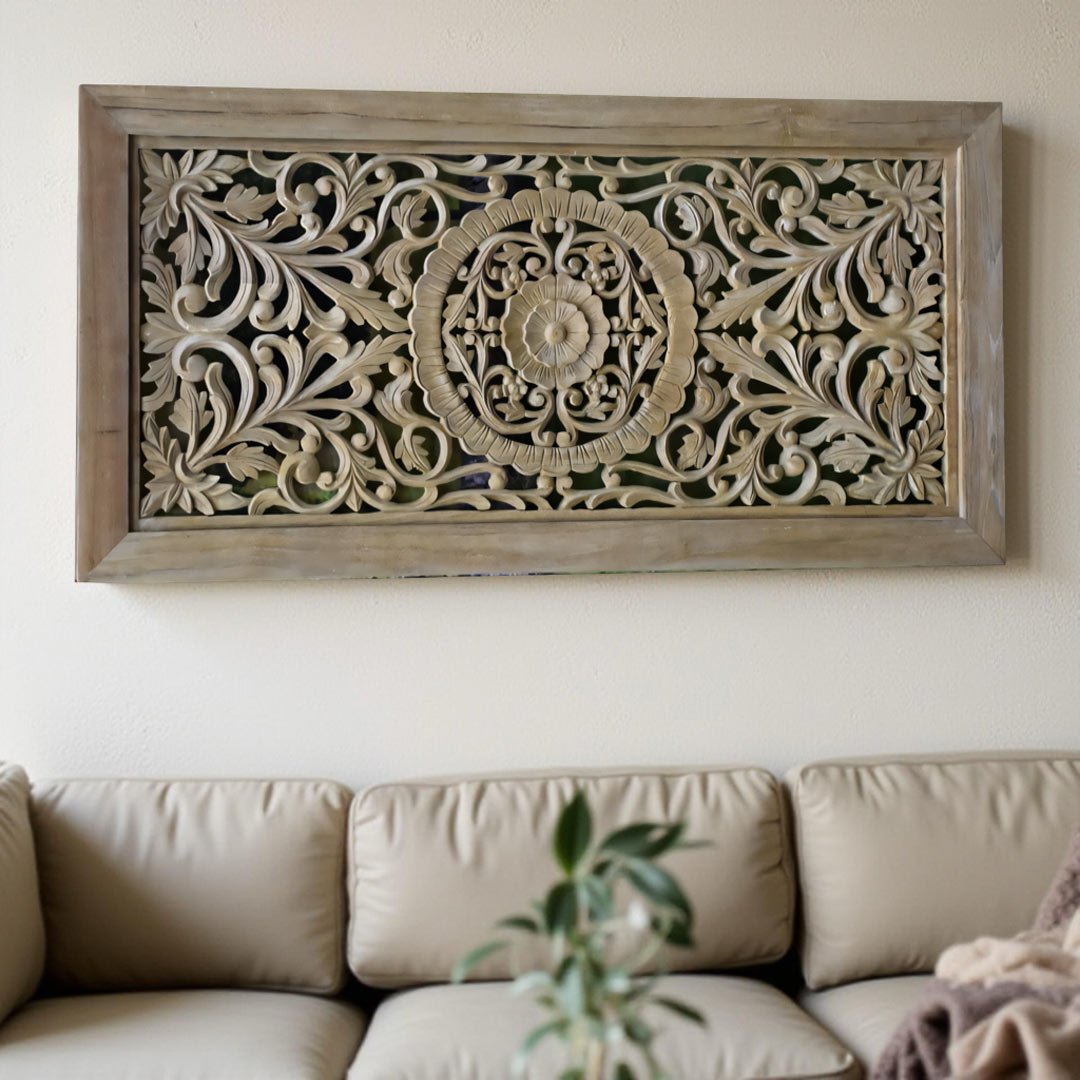 Petria carved vertical wall panel handcrafted from mango wood