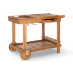 Rasira handcrafted Sheesham wood serving trolley with slatted shelves and wine glass rack