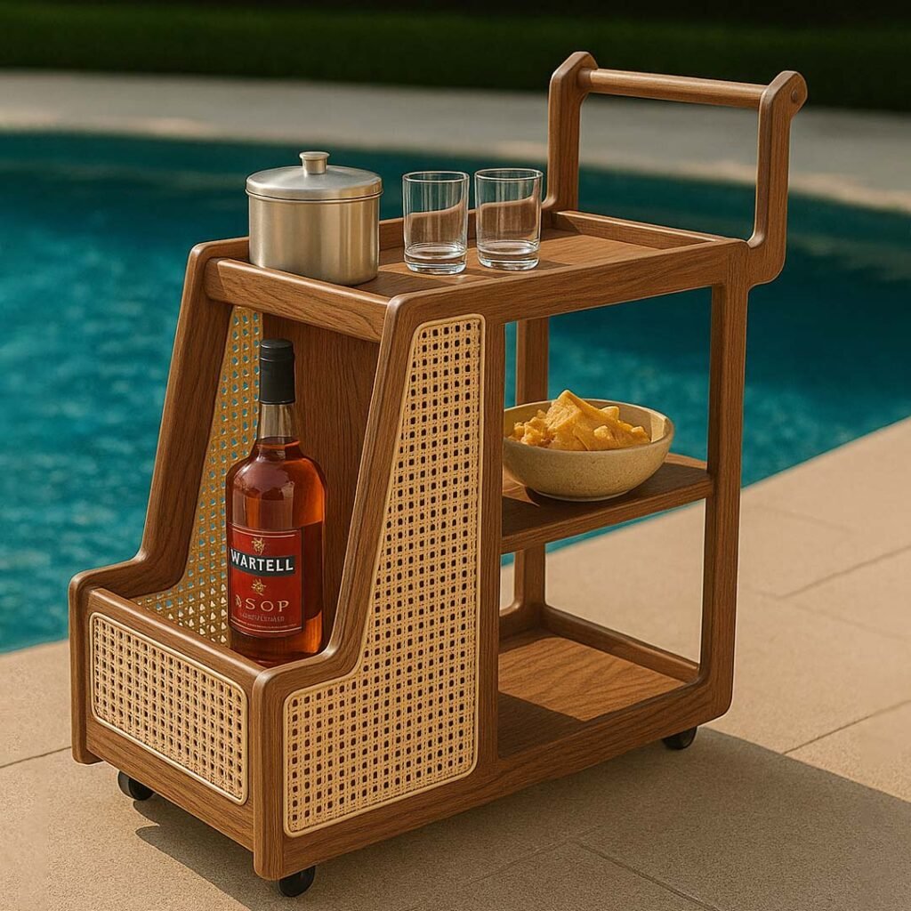 Rasvahan handcrafted solid wooden wine cart made from Sheesham wood with natural cane detailing