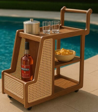 Rasvahan handcrafted solid wooden wine cart made from Sheesham wood with natural cane detailing