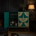 Handcrafted Sheesham wood bar unit with teal finish and gold brass inlay crane design