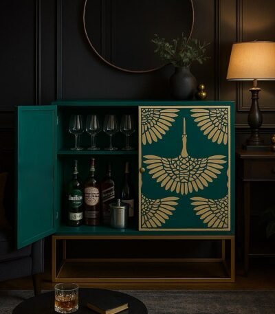 Handcrafted Sheesham wood bar unit with teal finish and gold brass inlay crane design