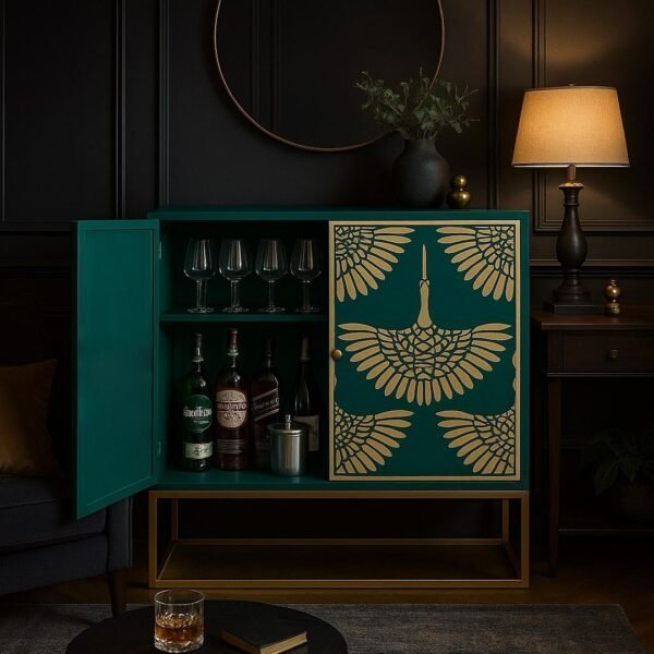 Handcrafted Sheesham wood bar unit with teal finish and gold brass inlay crane design