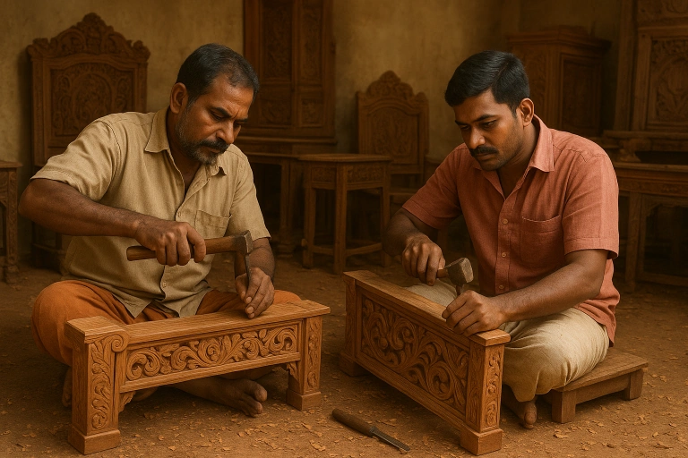 Handcarved Sheesham wood furniture with intricate detailing and natural finish