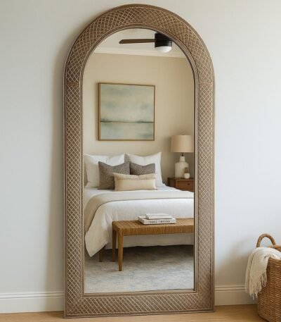 Handcarved Sheesham wood arch mirror in distressed white finish