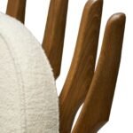 Handcrafted solid wood lounge chair with artistic backrest and circular cushioned seat in cream upholstery – luxury designer accent chair