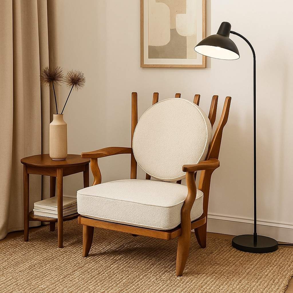 Handcrafted solid wood lounge chair with artistic backrest and circular cushioned seat in cream upholstery – luxury designer accent chair