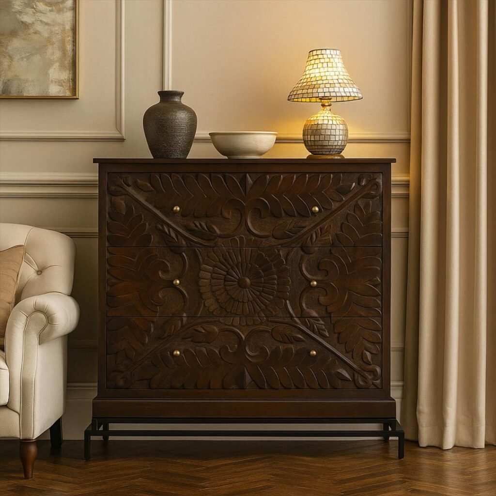 Solid Sheesham wood chest of drawer with cane design