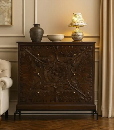 Solid Sheesham wood chest of drawer with cane design