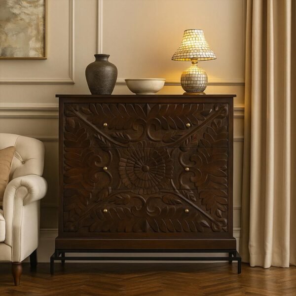 Solid Sheesham wood chest of drawer with cane design