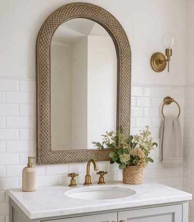 wood arch handcarved mirror in distressed blue mango wood