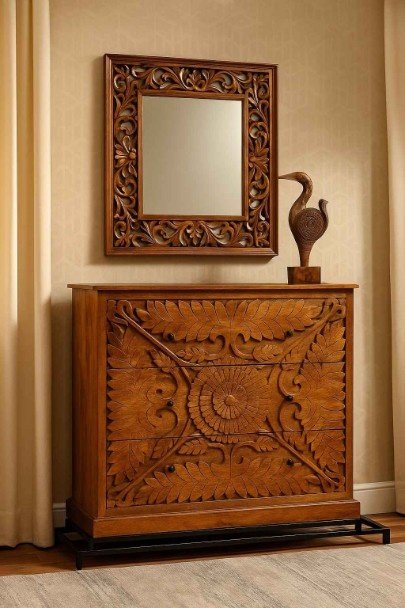 Handcrafted Sheesham wood dresser with intricate floral carving and black metal base