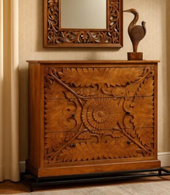 Rawin chest of drawers handcrafted from solid Sheesham wood with floral carvings