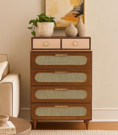 Handcrafted wooden chest of drawers made from solid Sheesham wood