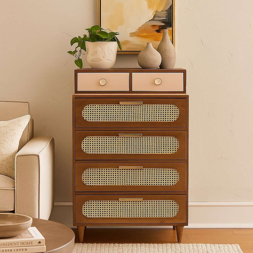 Handcrafted wooden chest of drawers made from solid Sheesham wood