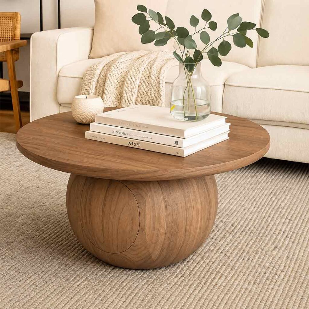 Aurea Round Sheesham Wood Coffee Table with sculptural pedestal base