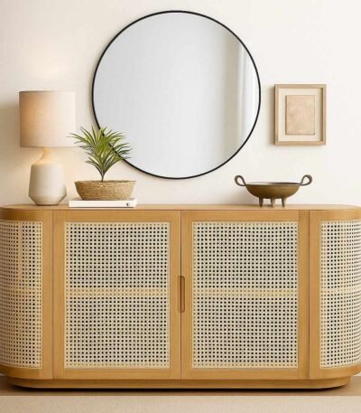Grivano Handcarved Console Table in Solid Sheesham Wood with Cane Doors