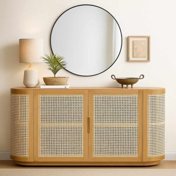 Grivano Handcarved Console Table in Solid Sheesham Wood with Cane Doors