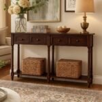 Handcarved Sheesham Wood Console Table with Storage Drawers & Shelf