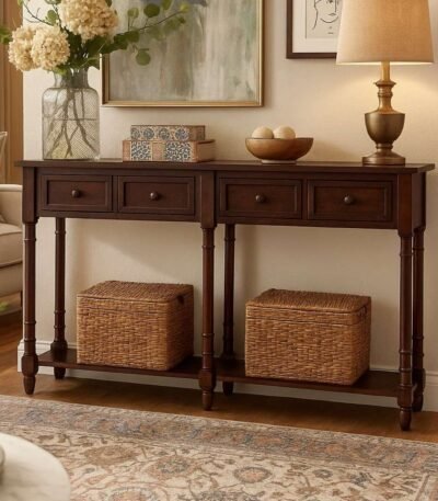 Handcarved Sheesham Wood Console Table with Storage Drawers & Shelf