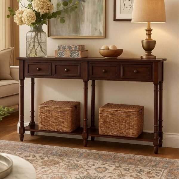 Handcarved Sheesham Wood Console Table with Storage Drawers & Shelf