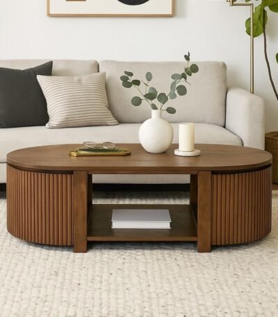 Solid Wood Coffee Table for Living Room with Storage – Oval Design