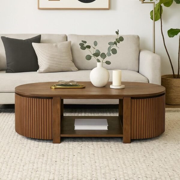 Solid Wood Coffee Table for Living Room with Storage – Oval Design