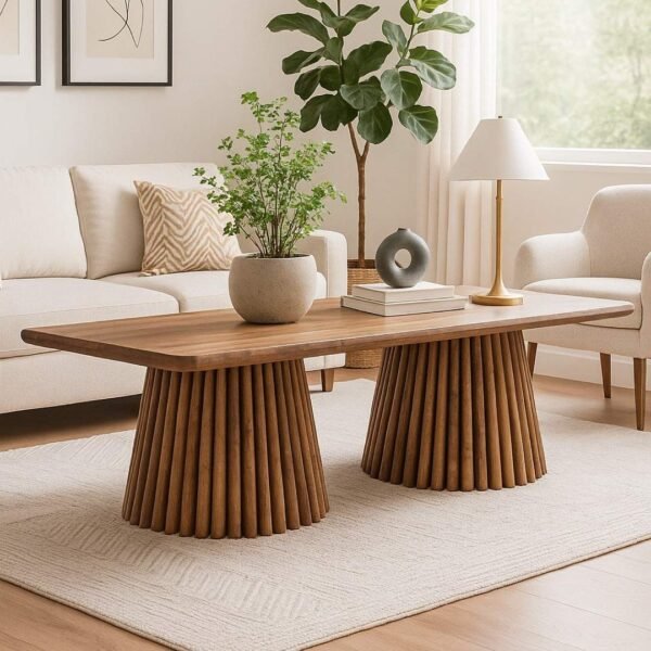 Wooden Coffee Table & Center Table with Twin Conical Base – Modern Design