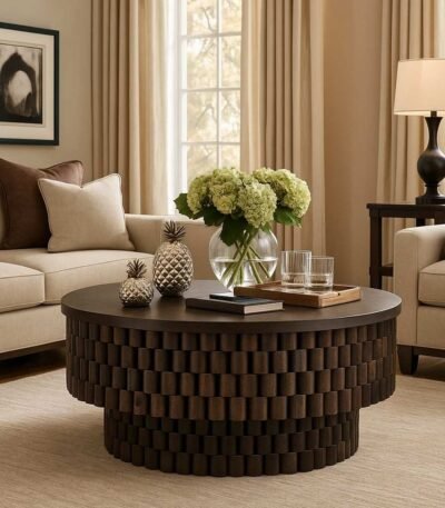 Kavaro Sheesham Wood Coffee Table with Round Carved Wooden Base