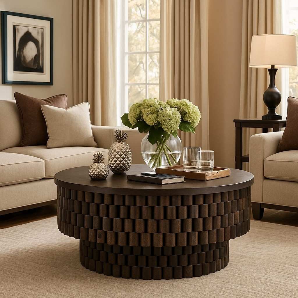 Kavaro Sheesham Wood Coffee Table with Round Carved Wooden Base