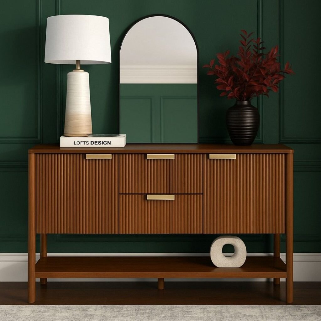 Orrica Handcrafted Wooden Sideboard with Ribbed Doors and Brass Handles