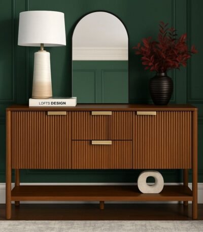 Orrica Handcrafted Wooden Sideboard with Ribbed Doors and Brass Handles