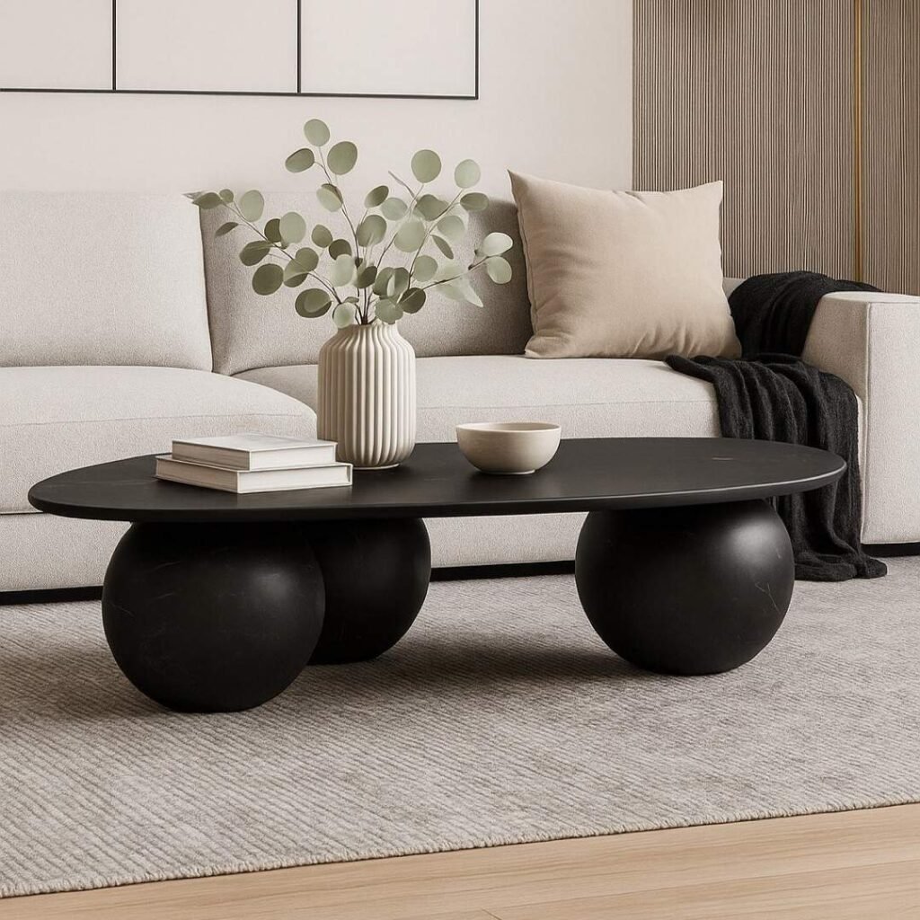 Modern black coffee table with unique sculptural sphere base